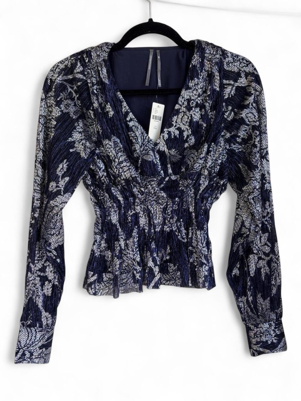 Anthropologie Navy & Silver Floral Wrap Blouse